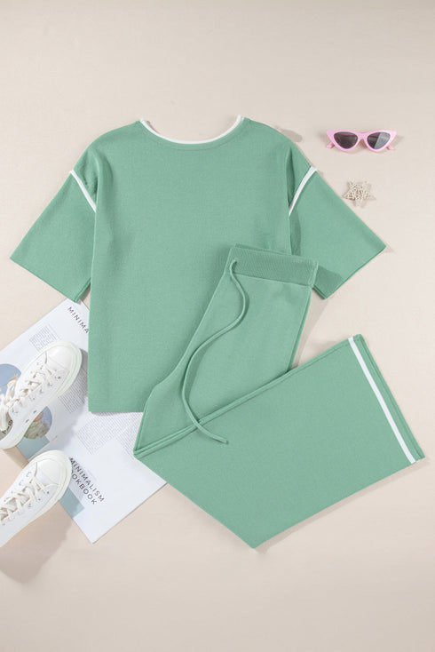 Contrast Trim Textured Knit Half Sleeve Drop Shoulder Drawstring Waist Wide Leg Two Piece Pant Set